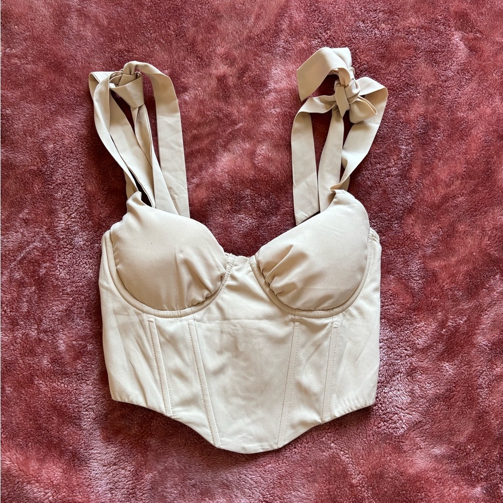 Beige Corset Top with Bow Straps